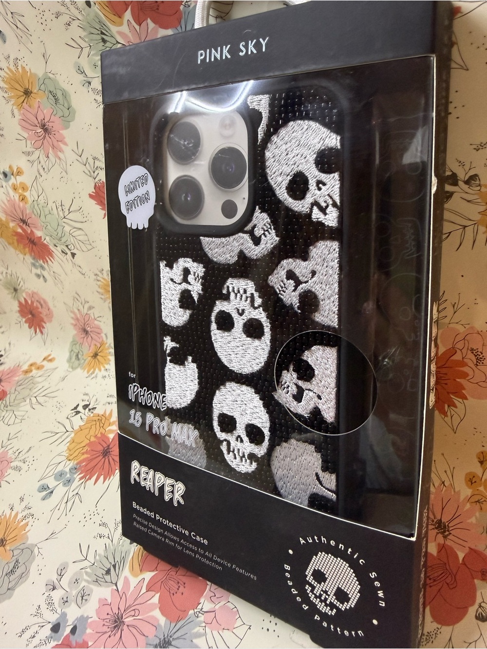 Pink Sky Reaper Beaded Protective iPhone 13 Pro Max Case - Black & White Skull